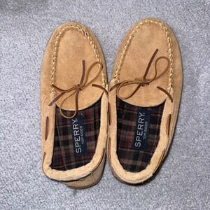 Sperry‎ Top-Sider Mens Moccasin Slippers Tan Suede Leather Plaid Lined  size 8